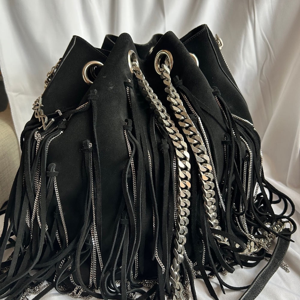 Saint Laurent Black and Silver Shoulder Bag with Fringe